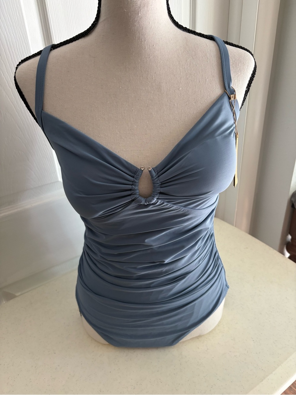 Ruched Slate Blue Swim Camisole with Keyhole Front